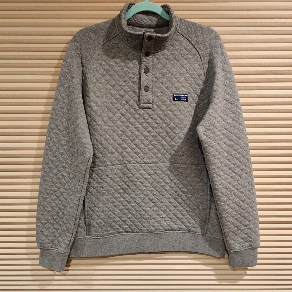 LL Bean Quilted Sweatshirt Womens Medium Gray 1/4 Snap Mock Neck Pullover